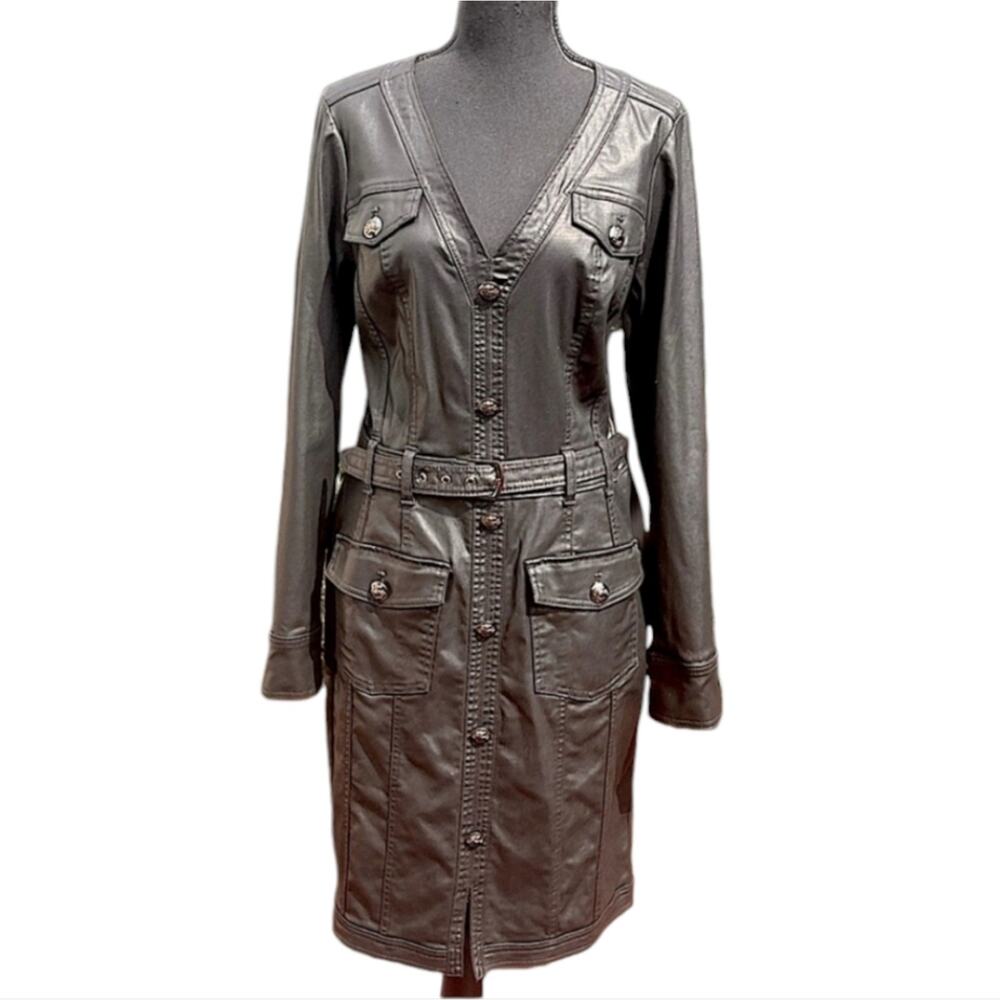 White House Black Market Black Long Sleeve Coated Denim Shirt Dress size 14 New - Picture 11 of 11